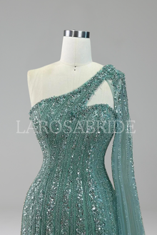 One-Shoulder Cape Mermaid Dress-Larosabride