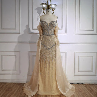 Ships in 2 to 5 Days - 2025 Custom Off-Shoulder Nude Beaded Mermaid Evening Dress – Saudi-Inspired Gown with Overskirt for Formal Occasions