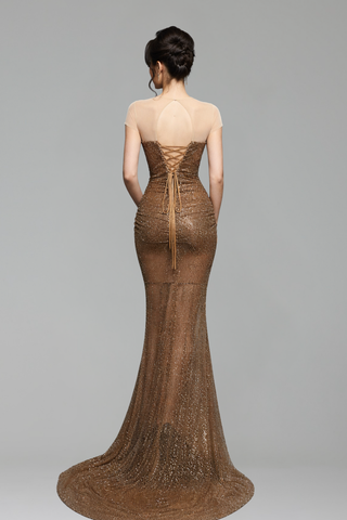 Nude Beaded High Split Dress - LAROSABRIDE