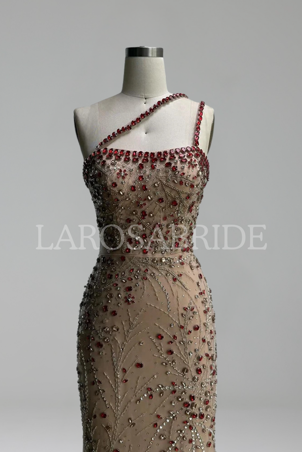 One-Shoulder Ruby Embellished Gown-Larosabride