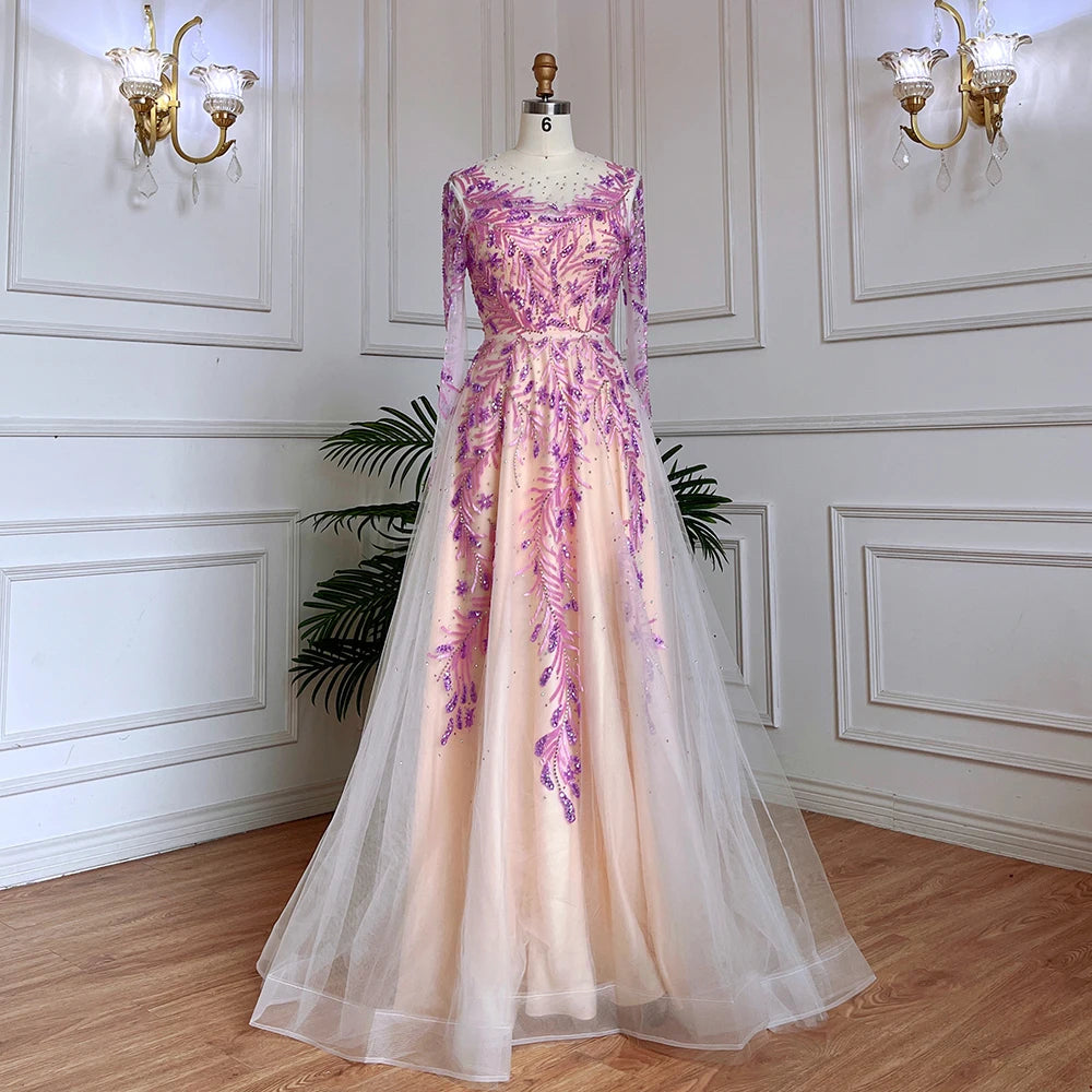 Saudi Arabian Elegance Long Sleeve Lilac Evening Dresses for Women Larosabride