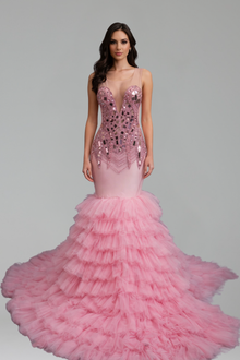 Beaded Ruffle Mermaid Evening Dress - LAROSABRIDE