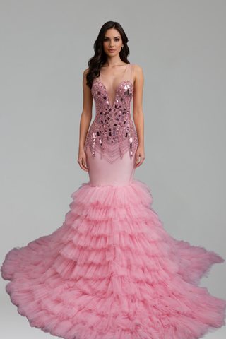 Beaded Ruffle Mermaid Evening Dress - LAROSABRIDE
