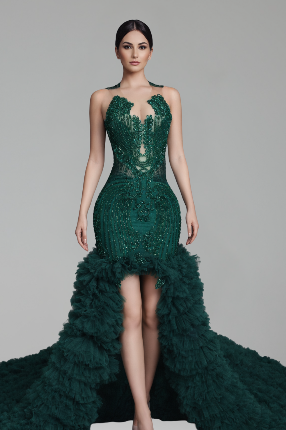 Beaded High Low Mermaid Gown - LAROSABRIDE