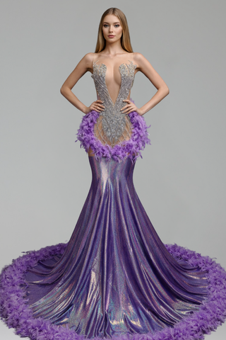 Illusion Beaded Feather Mermaid Gown - LAROSABRIDE