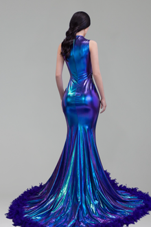 Iridescent Metallic Mermaid Feather Trim Gown - LAROSABRIDE