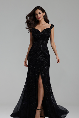 Off Shoulder Beaded Slit Gown - LAROSABRIDE