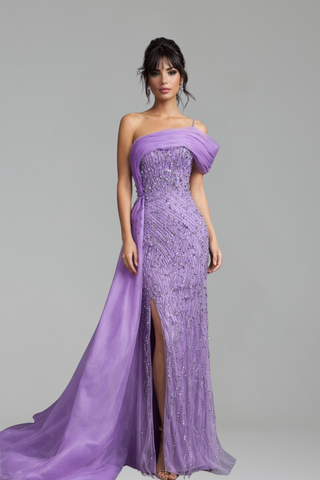 One Shoulder Beaded Mermaid Dress - LAROSABRIDE
