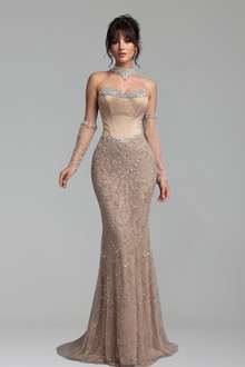 Beaded Sheer Gown with Gloves - LAROSABRIDE