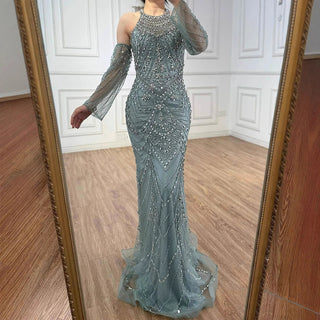 Ships in 2 to 5 Days - Elegant Beaded Halter Gown with Sheer Sleeves