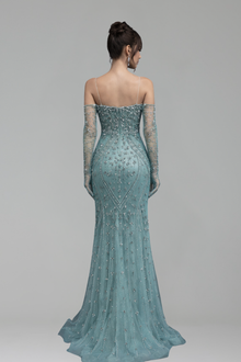 Crystal Beaded Mermaid Gown with Gloves - LAROSABRIDE