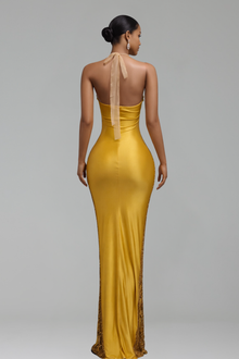 Halter Satin Back Evening Dress - LAROSABRIDE