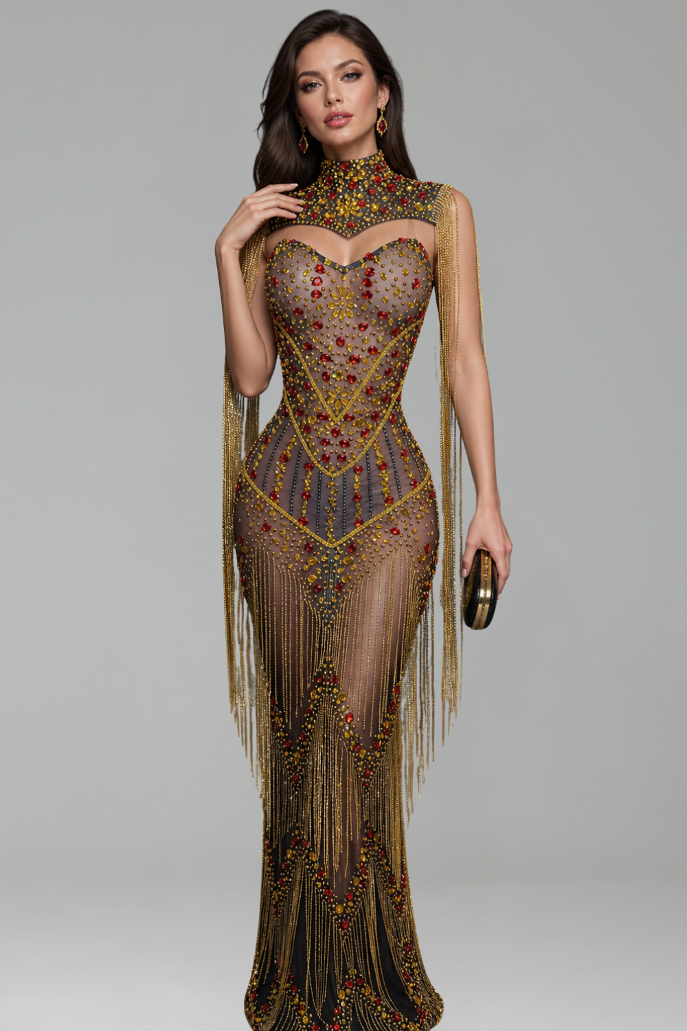 Crystal High-Neck Fringe Gown - LAROSABRIDE