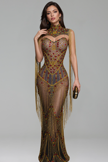 Crystal High-Neck Fringe Gown - LAROSABRIDE