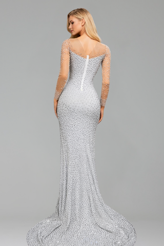 Pearl Embellished Slit Evening Gown