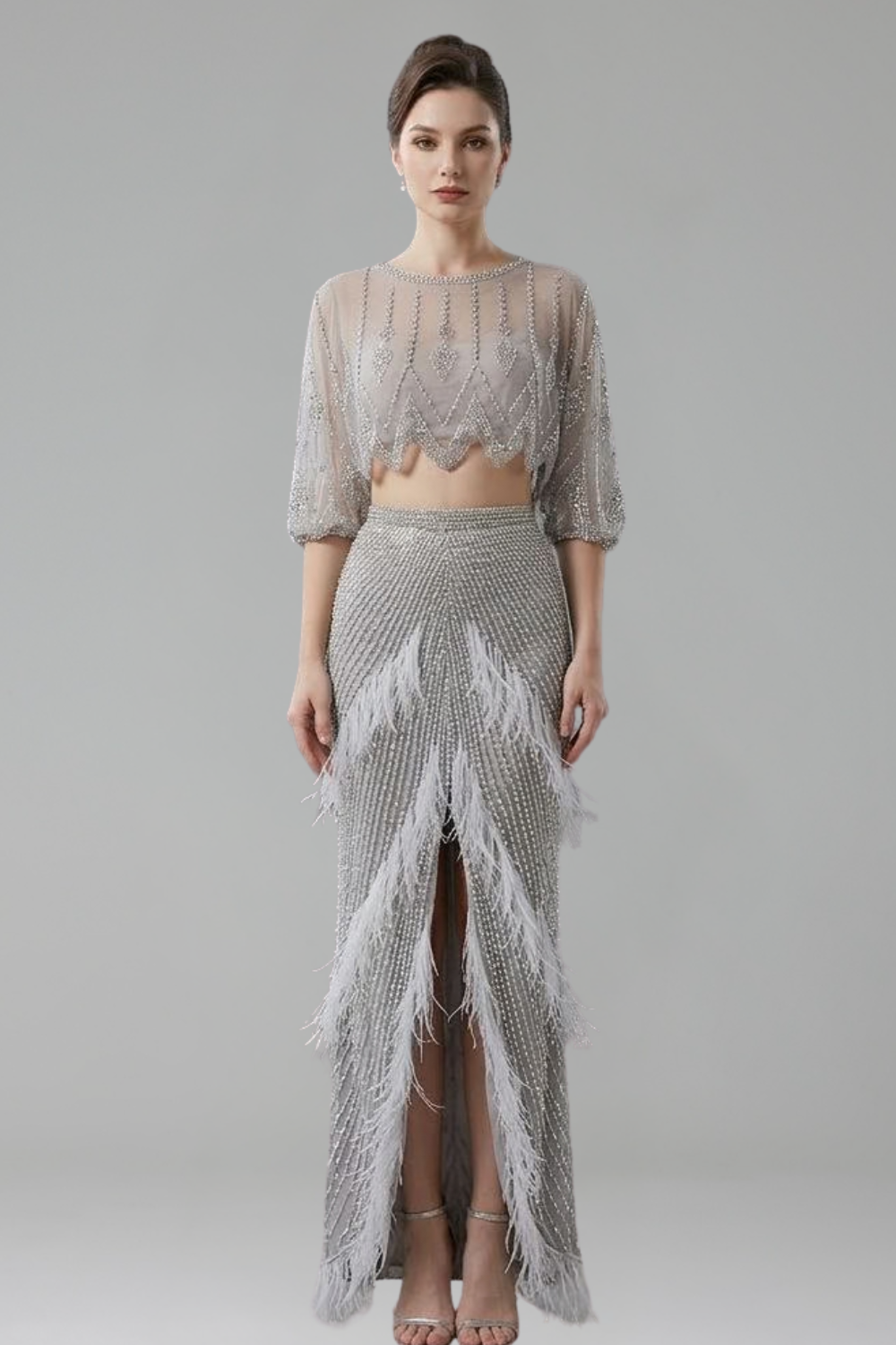 Beaded Feather Two Piece Dress - LAROSABRIDE