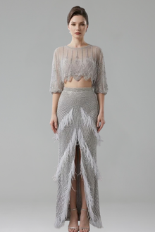 Beaded Feather Two Piece Dress - LAROSABRIDE
