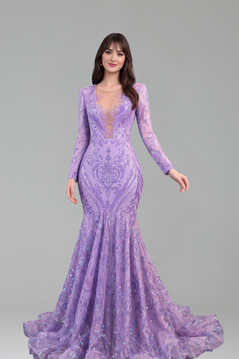 Deep Illusion Neck Mermaid Dress - LAROSABRIDE