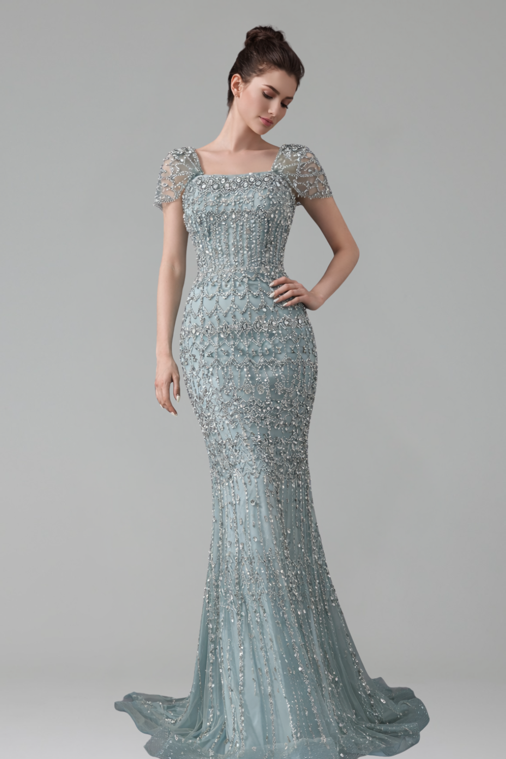 Beaded Short-Sleeve Mermaid Dress-Larosabride