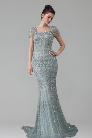 short sleeve mermaid dress Beaded Short-Sleeve Mermaid Dress Turquoise / 14