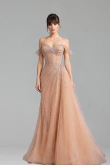 Off Shoulder Beaded Mermaid Dress - LAROSABRIDE