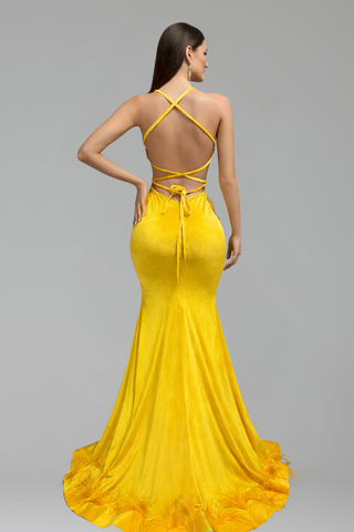 Feathered Embellished Mermaid Gown