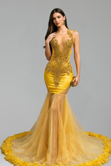 Embellished Deep V Mermaid Gown - LAROSABRIDE