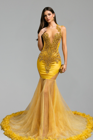 Embellished Deep V Mermaid Gown - LAROSABRIDE