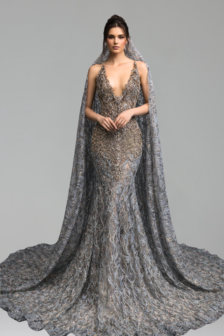 Beaded Deep Neckline Cape Dress