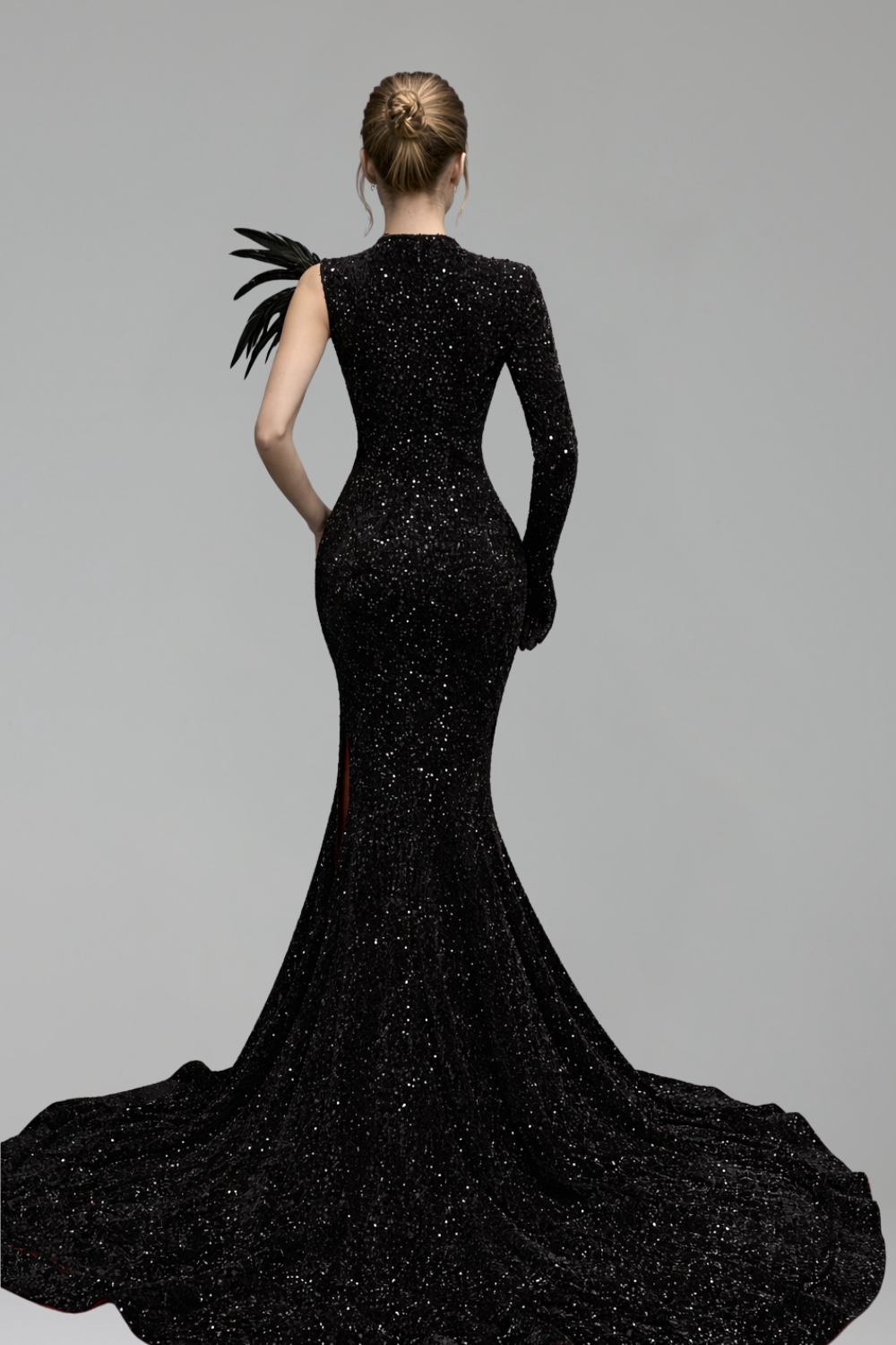 Asymmetric Feathered Slit Evening Gown - LAROSABRIDE