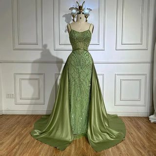 Ships in 2 to 5 Days - Sage Green Beaded Evening Gown – Elegant Dress with Detachable Overskirt for Parties