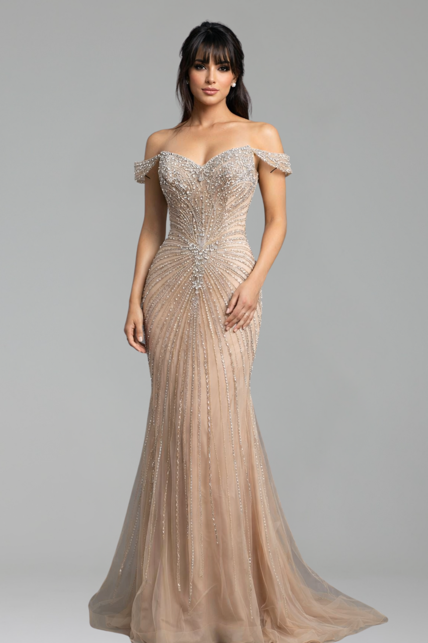 Nude Crystal Off-Shoulder Beaded Mermaid Gown - LAROSABRIDE