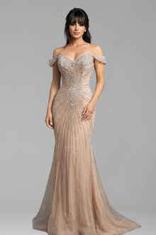 Nude Crystal Off-Shoulder Beaded Mermaid Gown - LAROSABRIDE