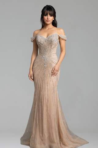 Nude Crystal Off-Shoulder Beaded Mermaid Gown - LAROSABRIDE