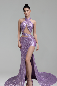 Metallic Halter Cutout Dress with Draped Skirt - LAROSABRIDE