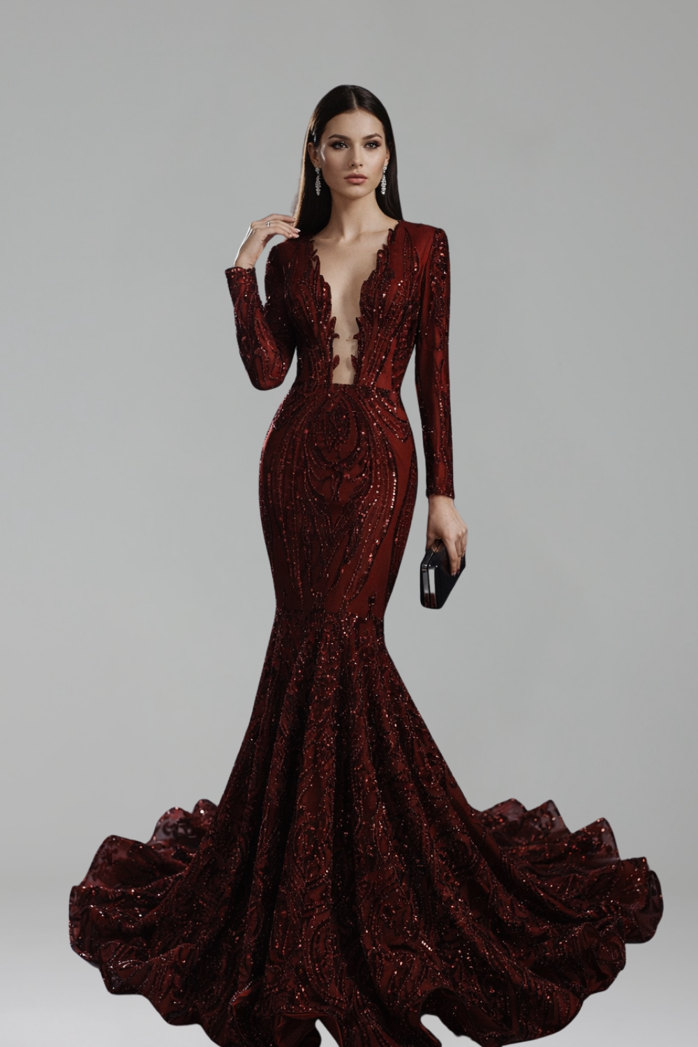 Long Sleeve Deep V Mermaid Gown - LAROSABRIDE