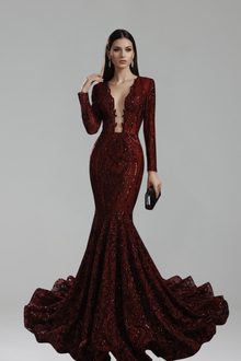 Long Sleeve Deep V Mermaid Gown - LAROSABRIDE