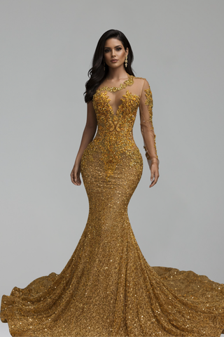 One Shoulder Beaded Mermaid Gown - LAROSABRIDE