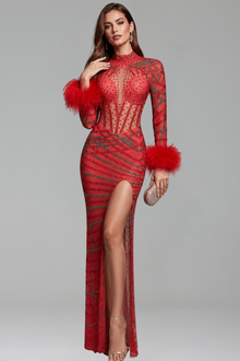Embellished Feather Cuff High Slit Dress - LAROSABRIDE