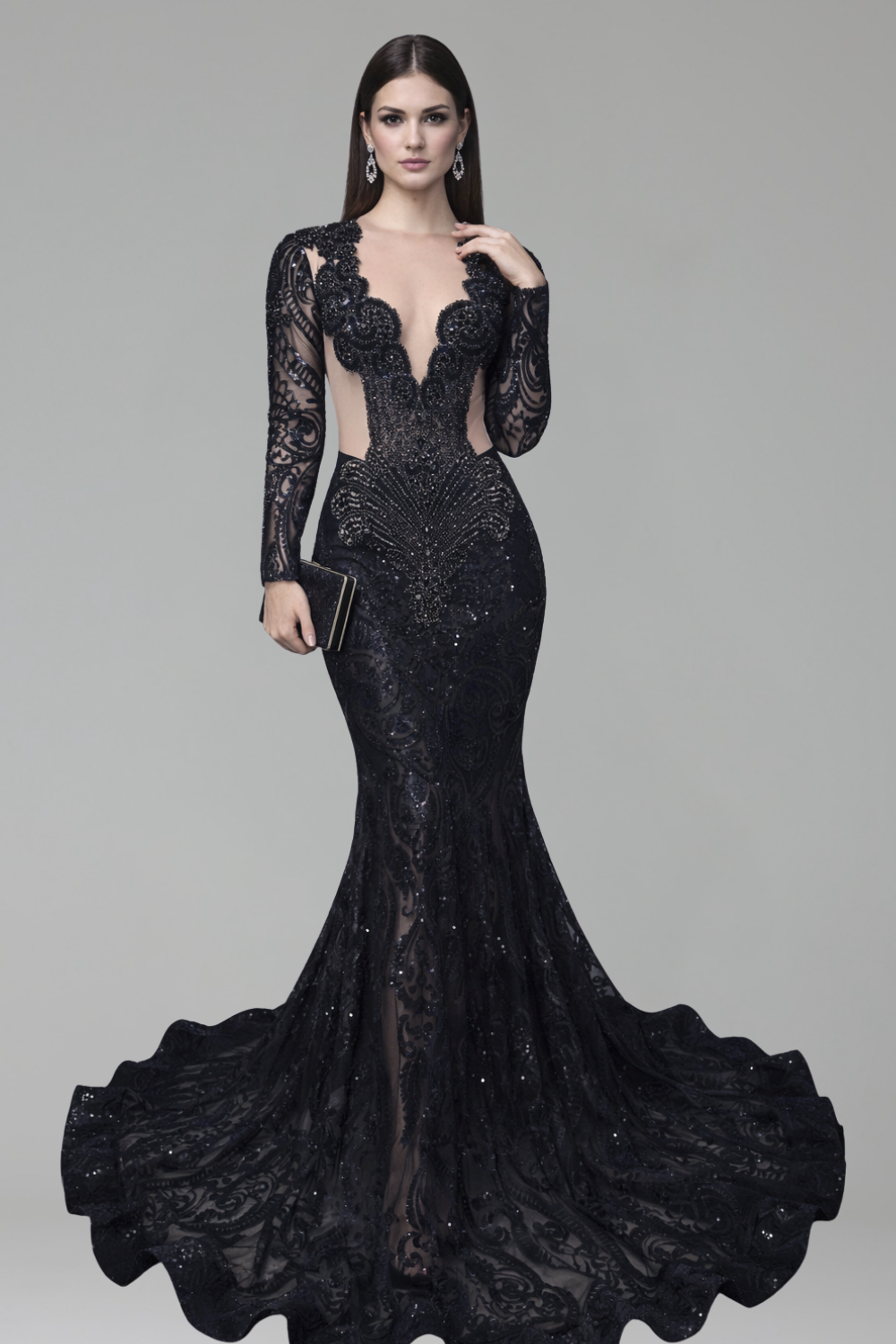 Sheer Lace Long Sleeve Mermaid Gown - LAROSABRIDE