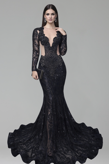 Sheer Lace Long Sleeve Mermaid Gown - LAROSABRIDE