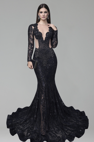 Sheer Lace Long Sleeve Mermaid Gown - LAROSABRIDE
