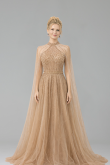 Crystal Beaded A-Line Cape Dress - LAROSABRIDE