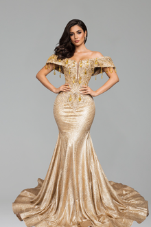 Off-Shoulder Beaded Mermaid Gown - LAROSABRIDE