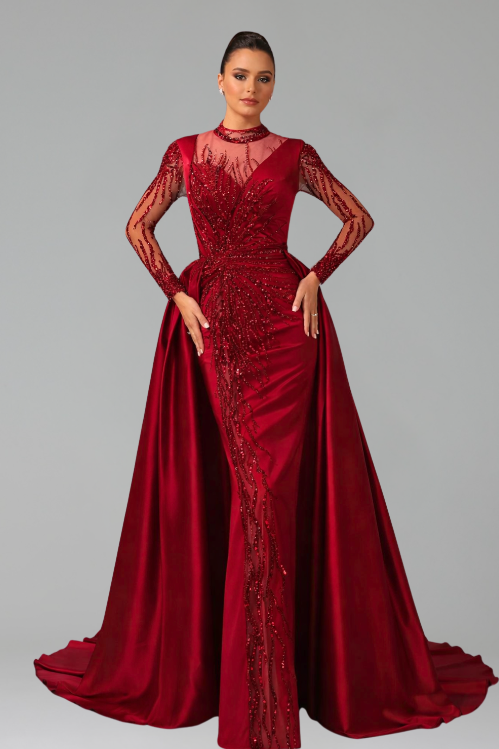 Lace Beaded Satin Mermaid Dress - LAROSABRIDE