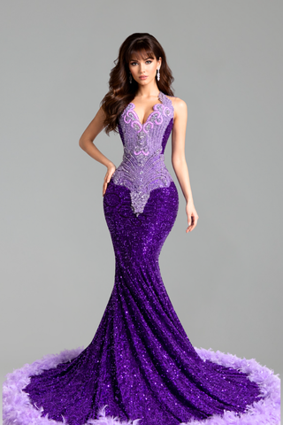 Halter Lace Beaded Mermaid Gown - LAROSABRIDE