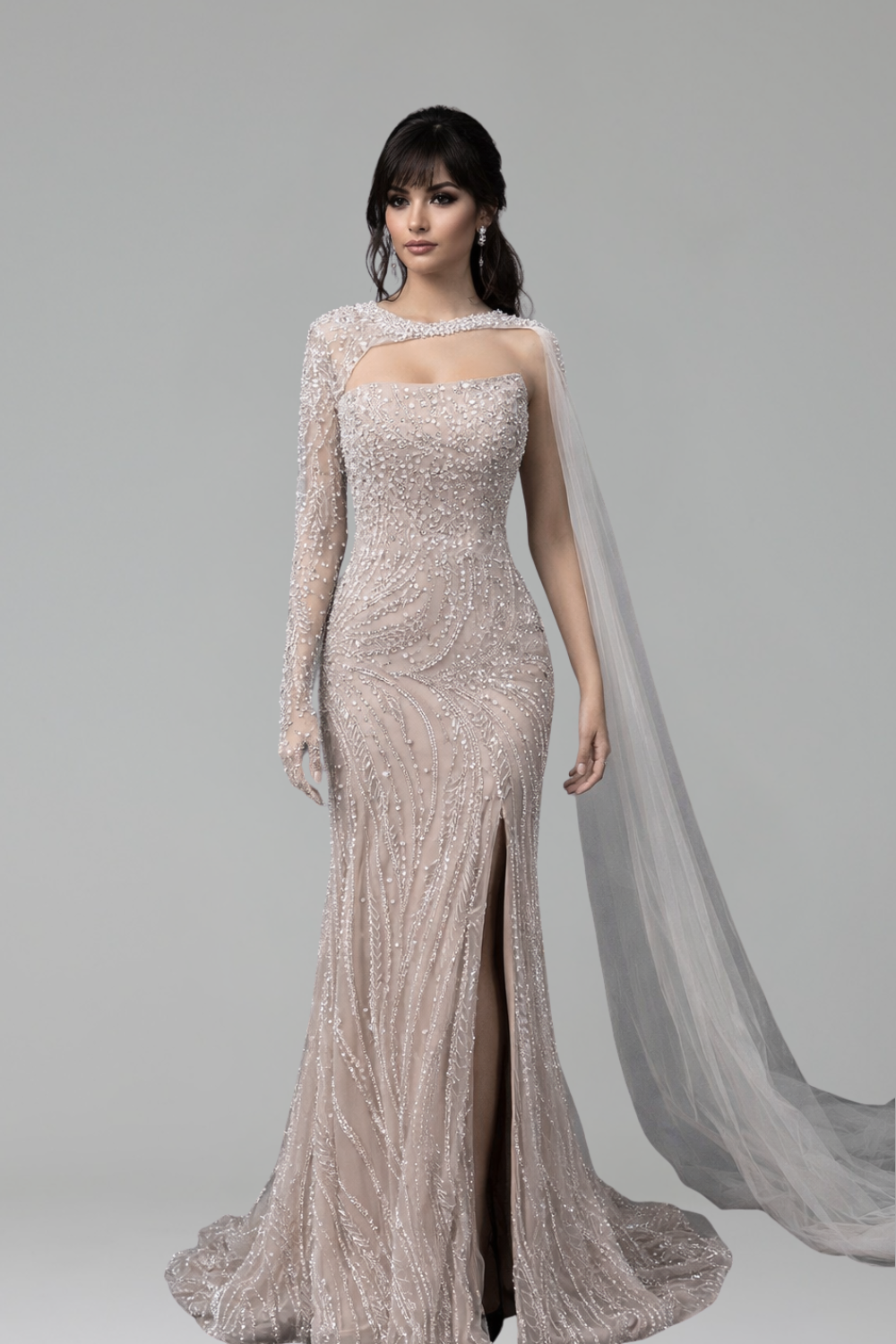 Beaded Mermaid Gown with Cape - LAROSABRIDE