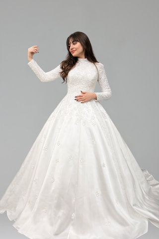 High-Neck Long-Sleeve Wedding Dress-Larosabride