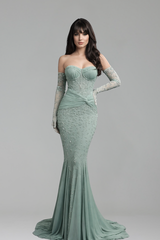 Strapless Ruched-Sleeve Embellished Gown