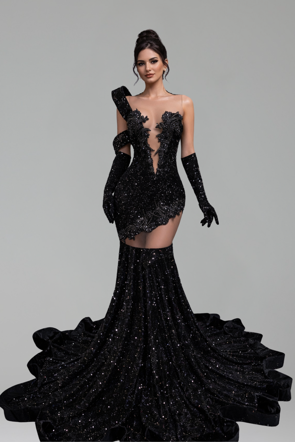 Beaded Illusion Mermaid Gloves Gown - LAROSABRIDE